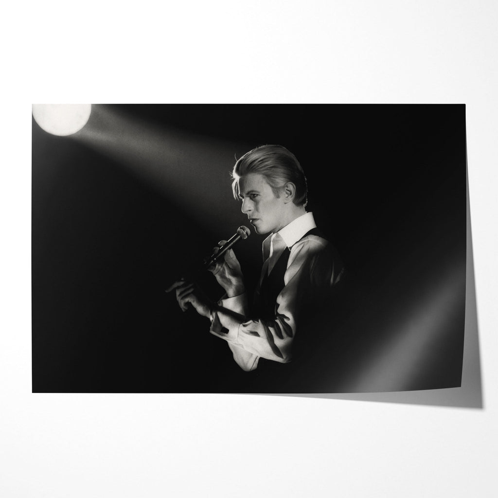 Unframed black and white David Bowie 1976 Isolar Tour profile portrait poster print with dramatic German Expressionist lighting.