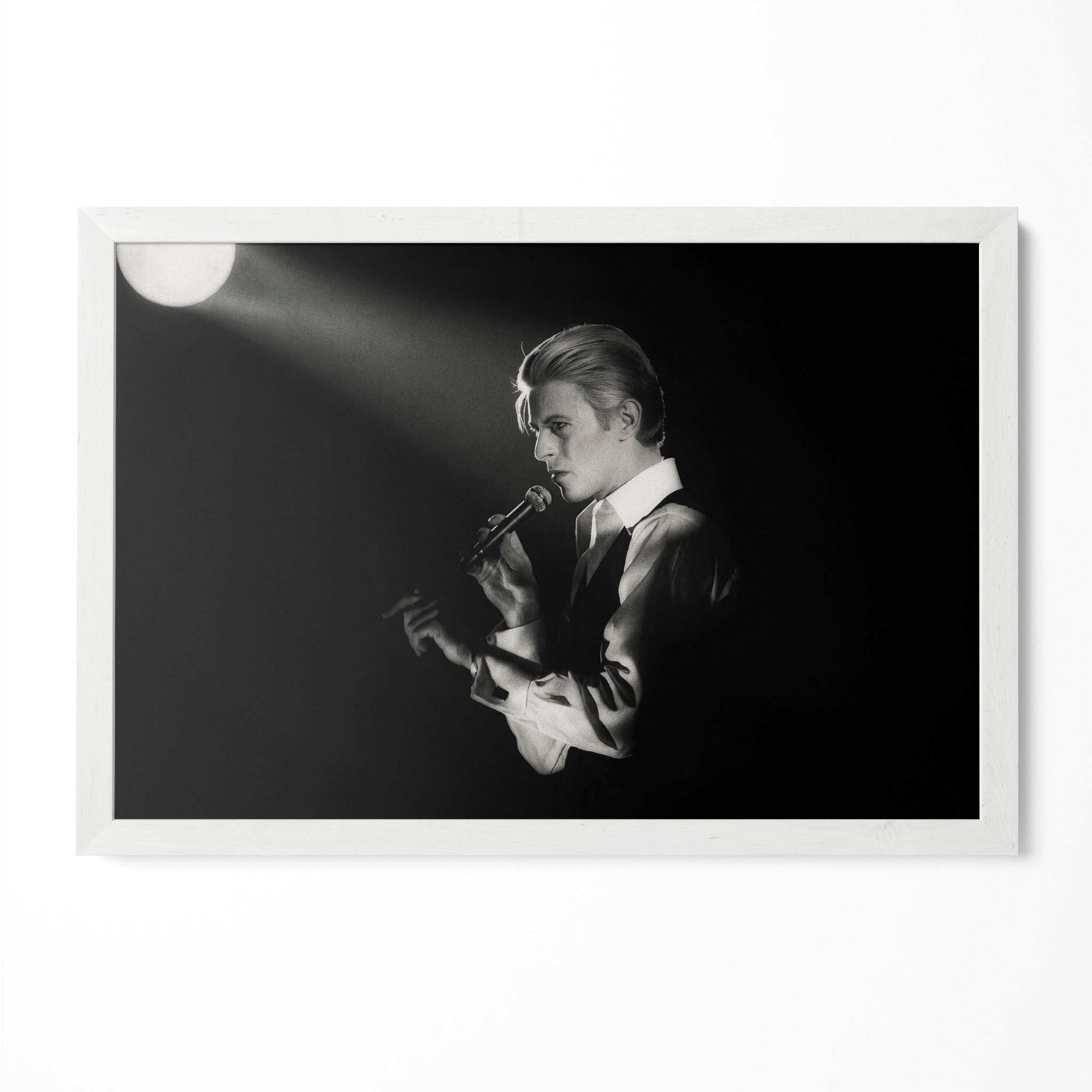 David Bowie 1976 Isolar Tour black and white poster in a modern minimalist white wooden frame by POSTEREVER.