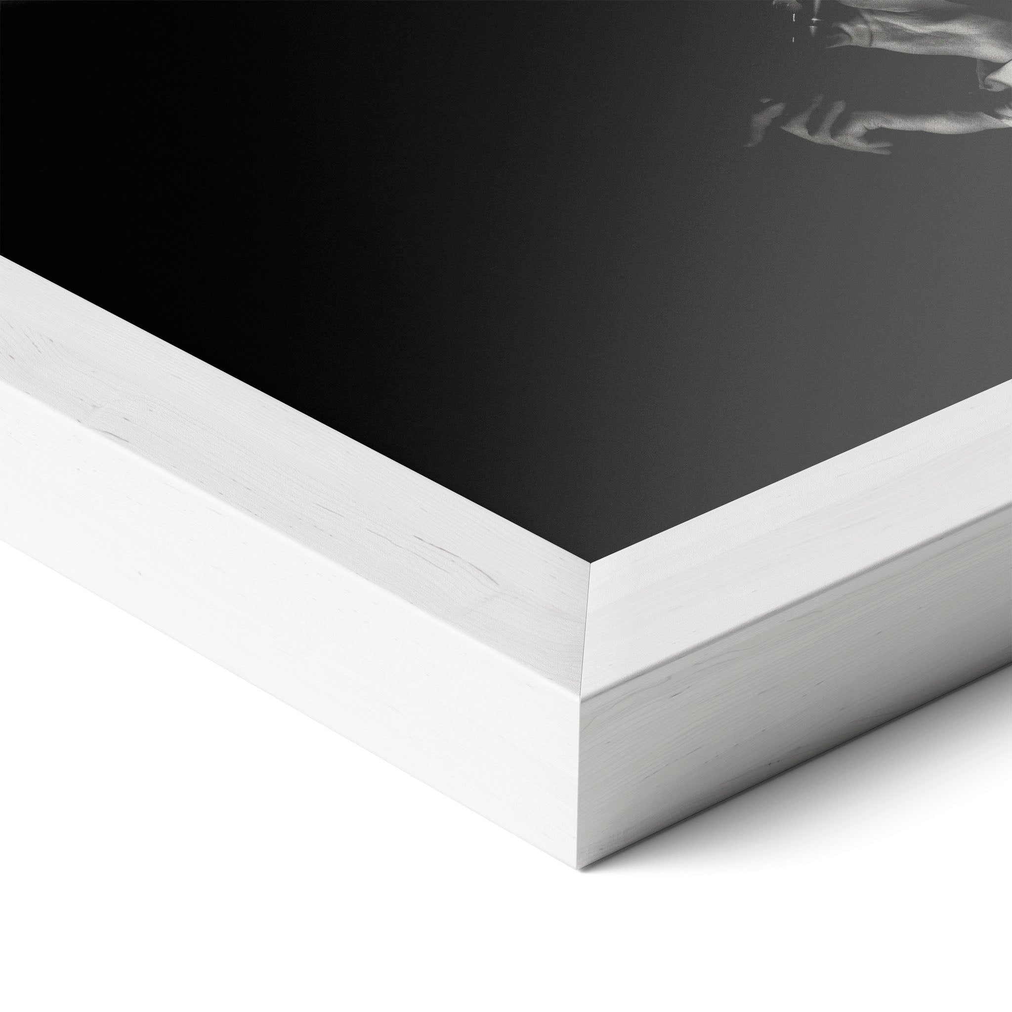 Corner close-up revealing the clean wood grain of the white framed David Bowie 1976 black and white art print.