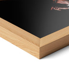 Corner close-up highlighting the natural oak finish of the framed David Bowie 1976 colorized poster.
