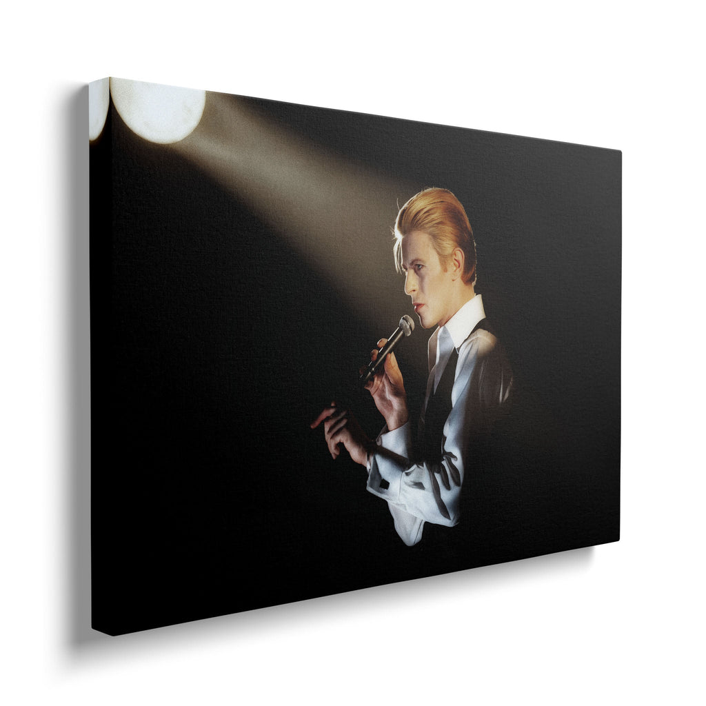 Front view of the heavy-weight colorized canvas wall art print of David Bowie in 1976.