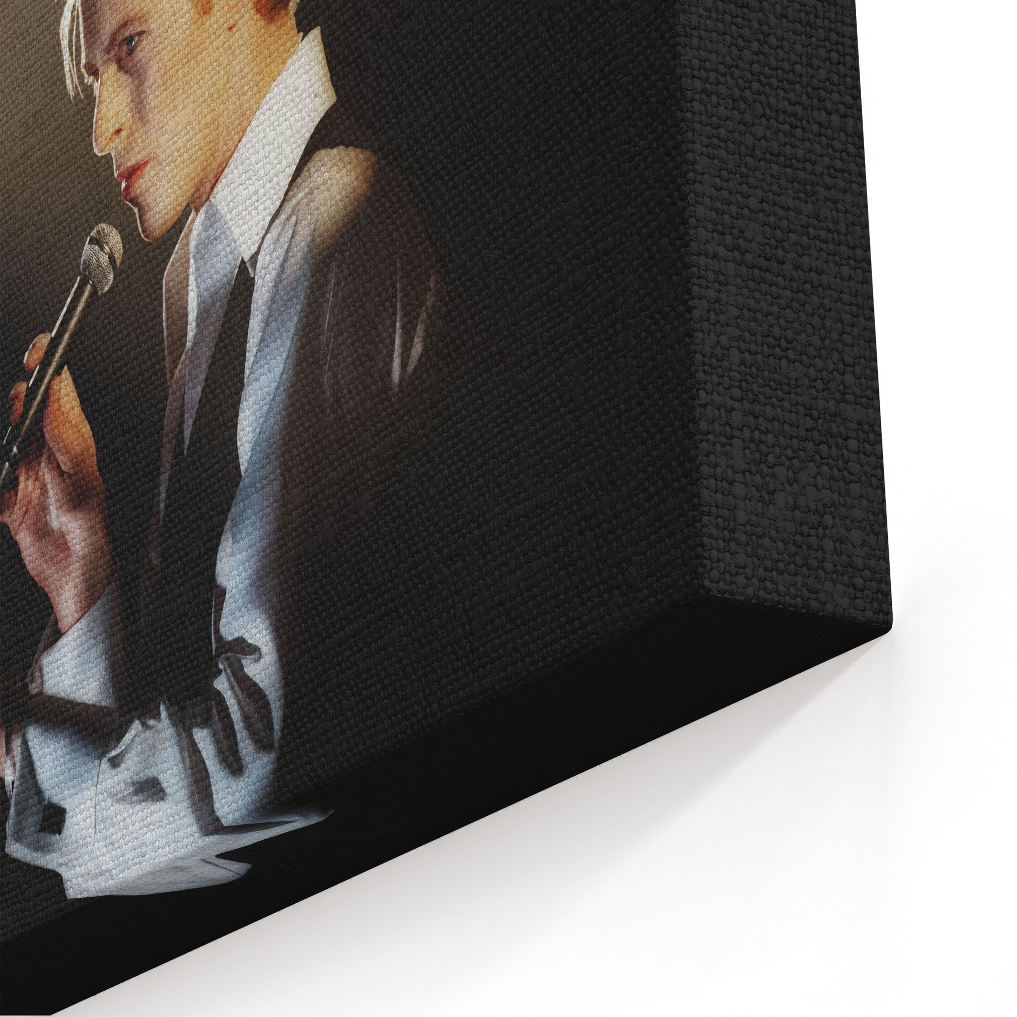 Close-up of the archival canvas texture and sharp colour print detail on the gallery-wrapped edge.