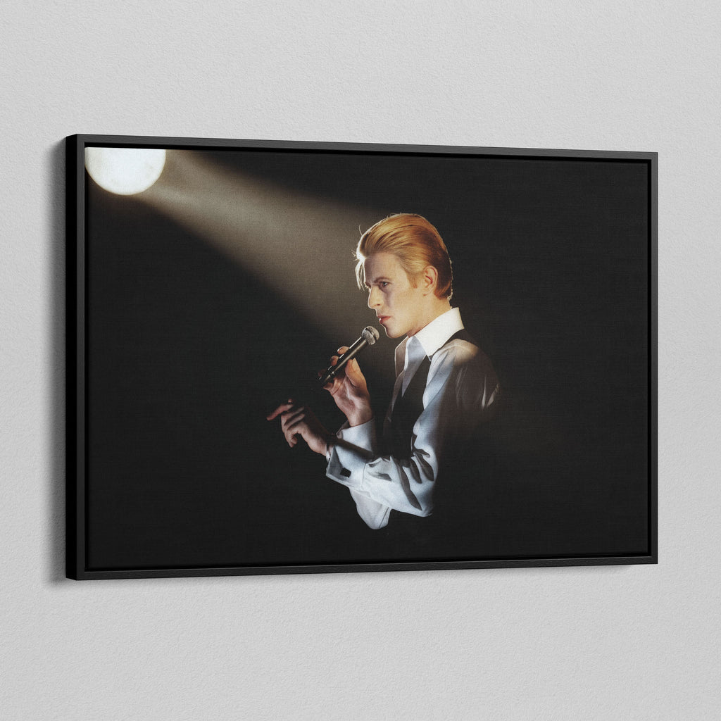 Side angle of the David Bowie 1976 colorized canvas in a luxury minimalist black floating frame.
