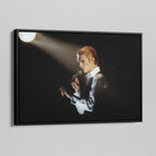 Side angle of the David Bowie 1976 colorized canvas in a luxury minimalist black floating frame.