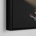 Corner macro of the elegant floating gap and fine finish of the black floating canvas frame.