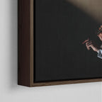Corner close-up showing the rich grain and joinery of the dark walnut floating canvas frame.