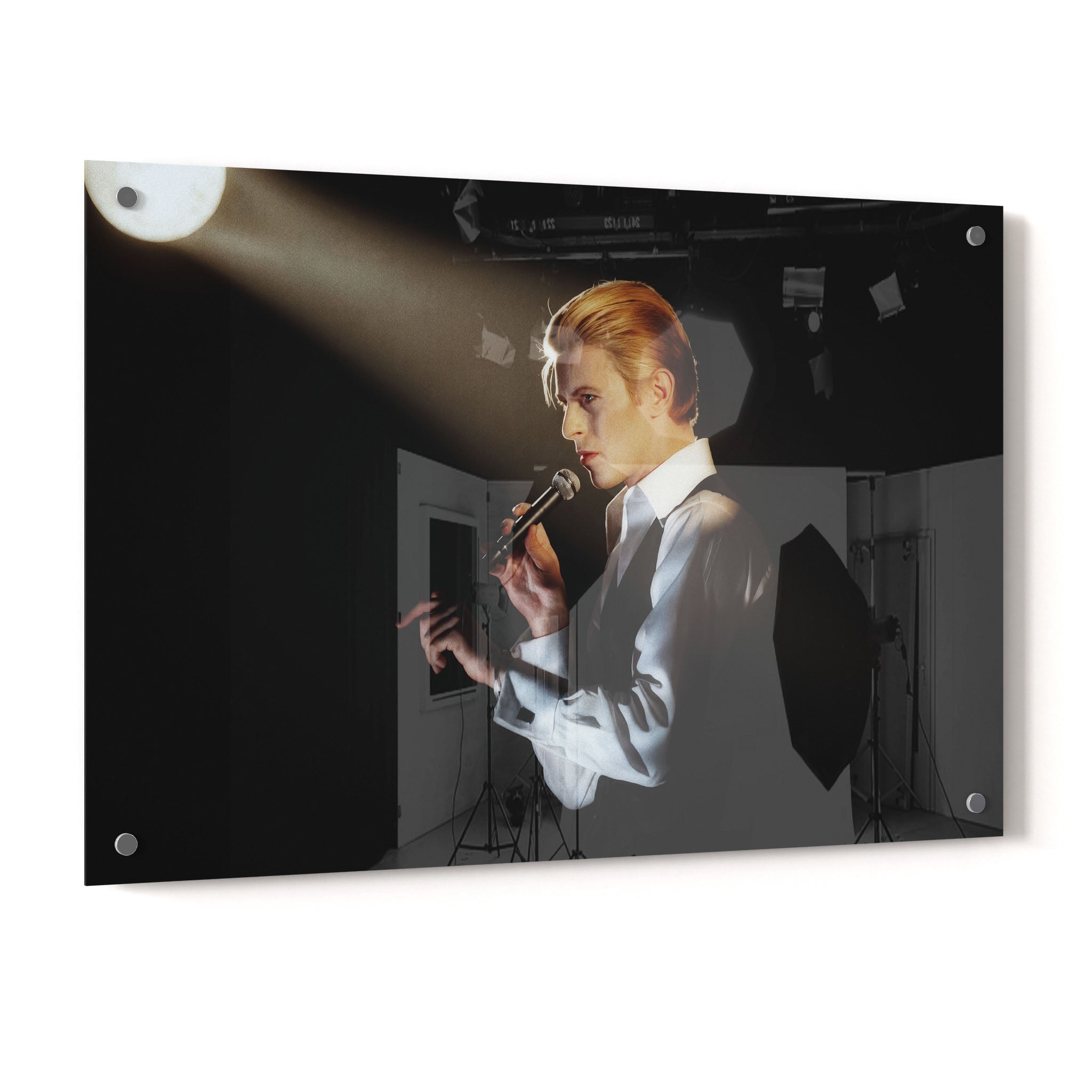 Crystal-clear acrylic glass colorized art print of David Bowie 1976 with polished edges.