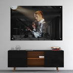 High-gloss acrylic glass colorized print of David Bowie displayed above a contemporary console.