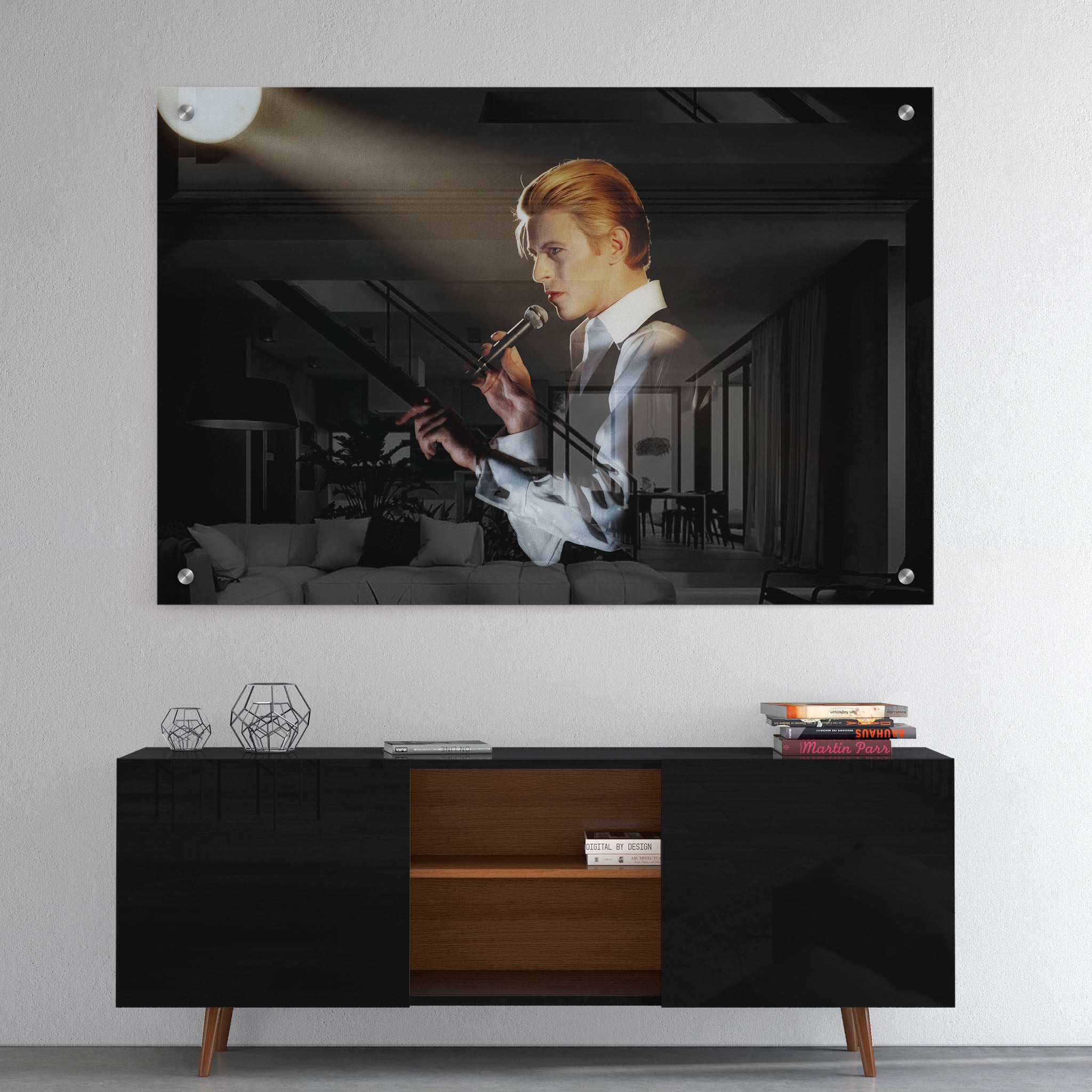 High-gloss acrylic glass colorized print of David Bowie displayed above a contemporary console.