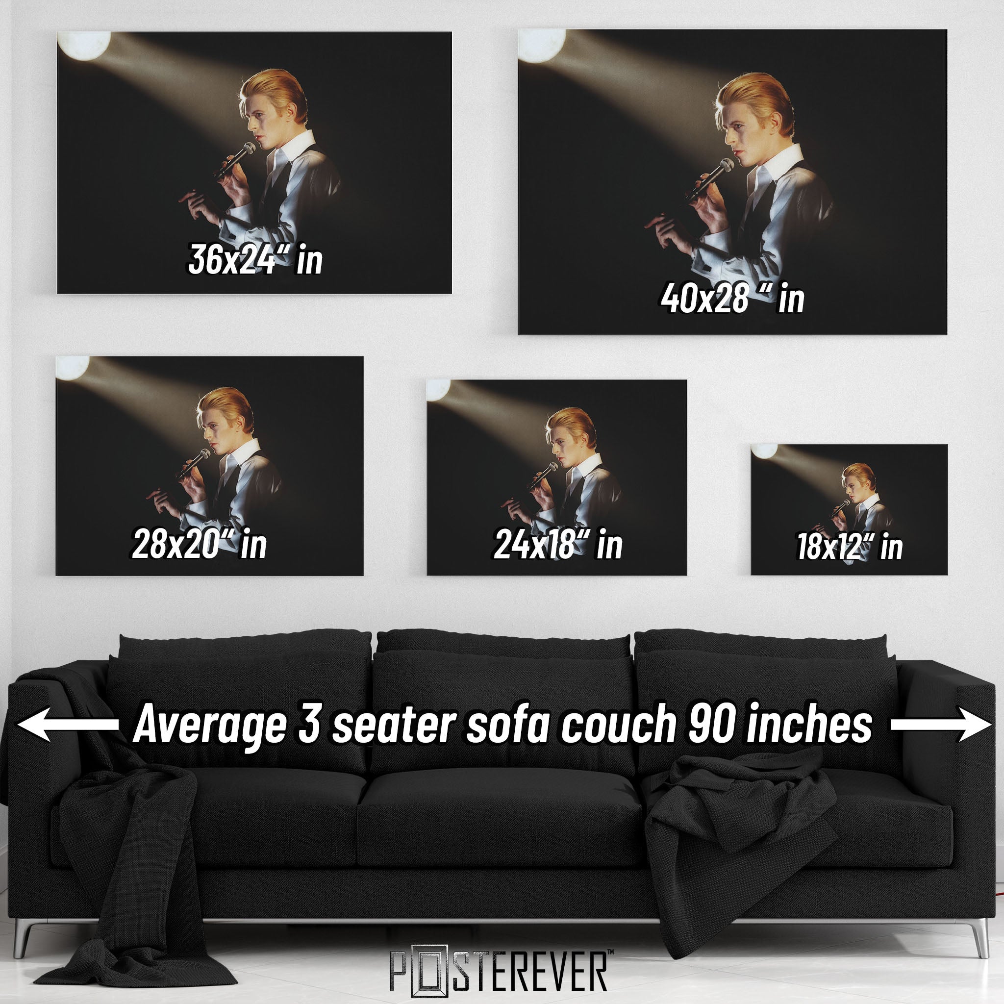 David Bowie 1976 Isolar Tour colorized wall art size comparison chart shown above an average 90-inch three-seater sofa.