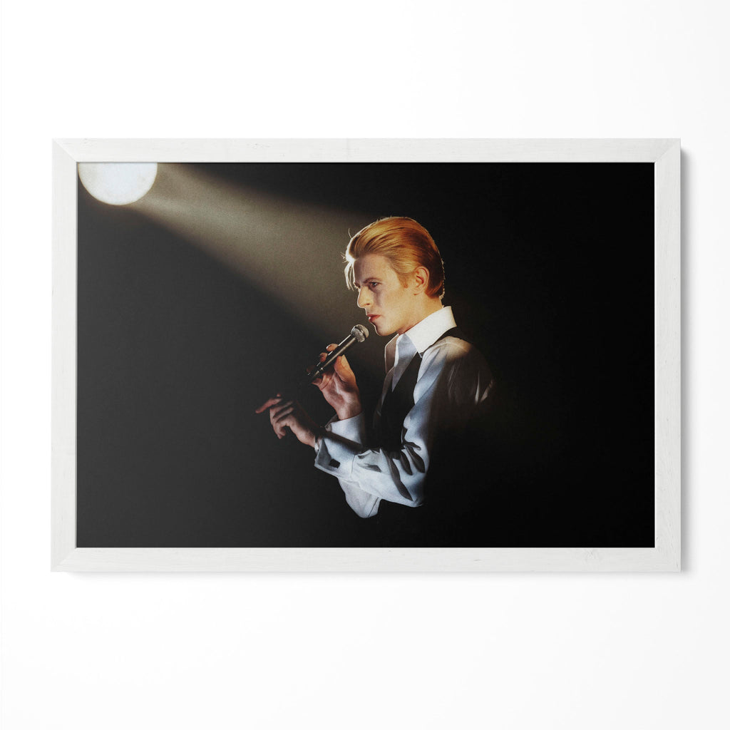 David Bowie 1976 Isolar Tour colorized poster in a modern minimalist white wooden frame by POSTEREVER.