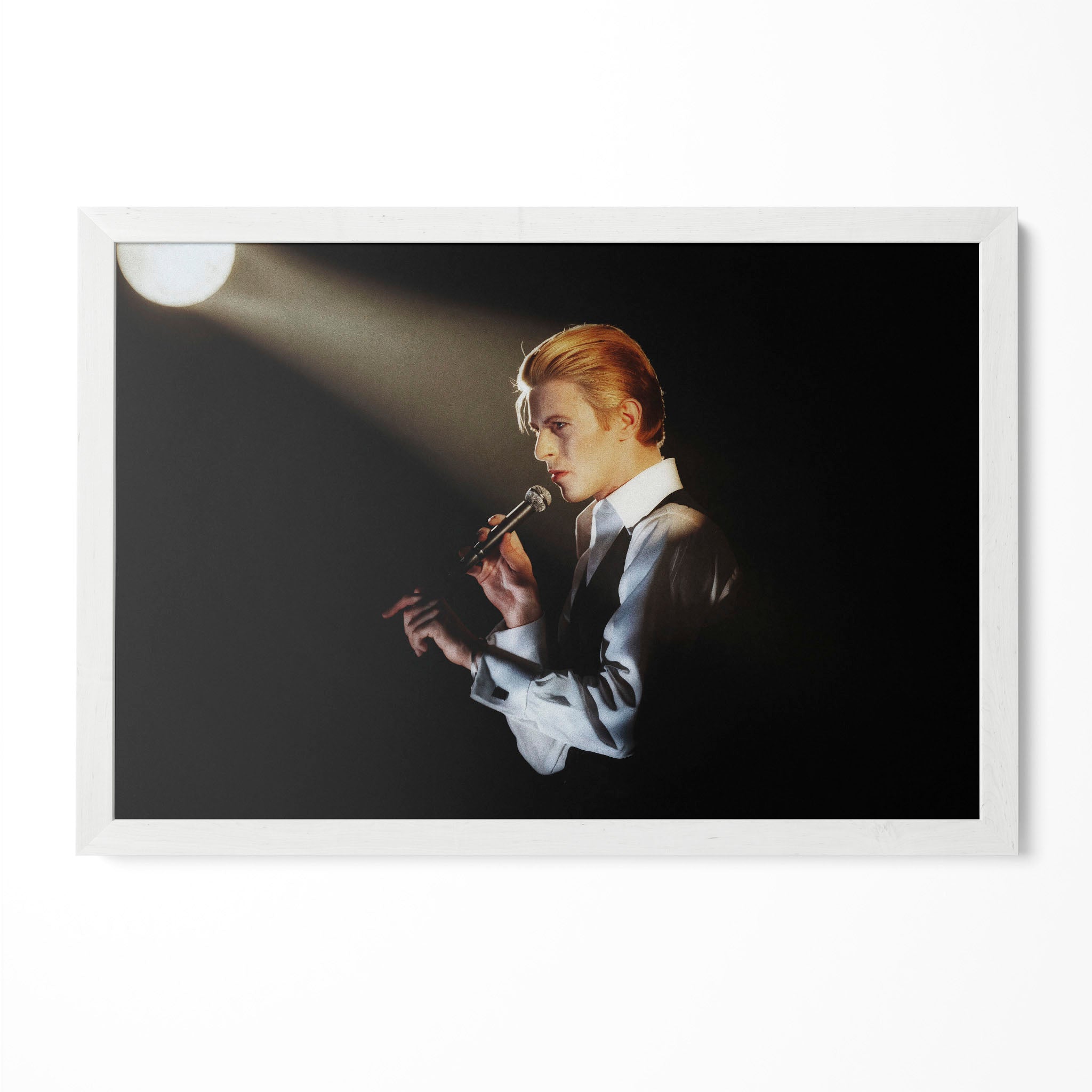 David Bowie 1976 Isolar Tour colorized poster in a modern minimalist white wooden frame by POSTEREVER.