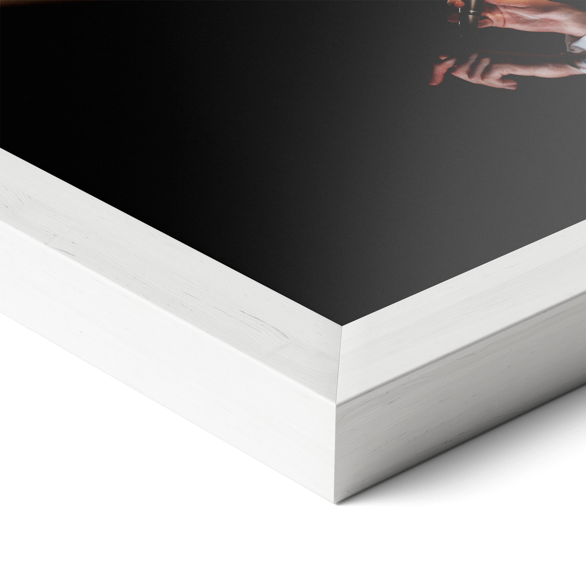 Corner close-up revealing the clean wood grain of the white framed David Bowie 1976 colorized art print.