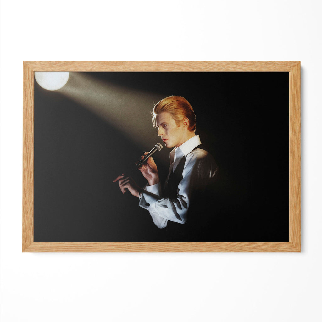 David Bowie 1976 Isolar Tour colorized poster in a premium natural oak wood frame by POSTEREVER.