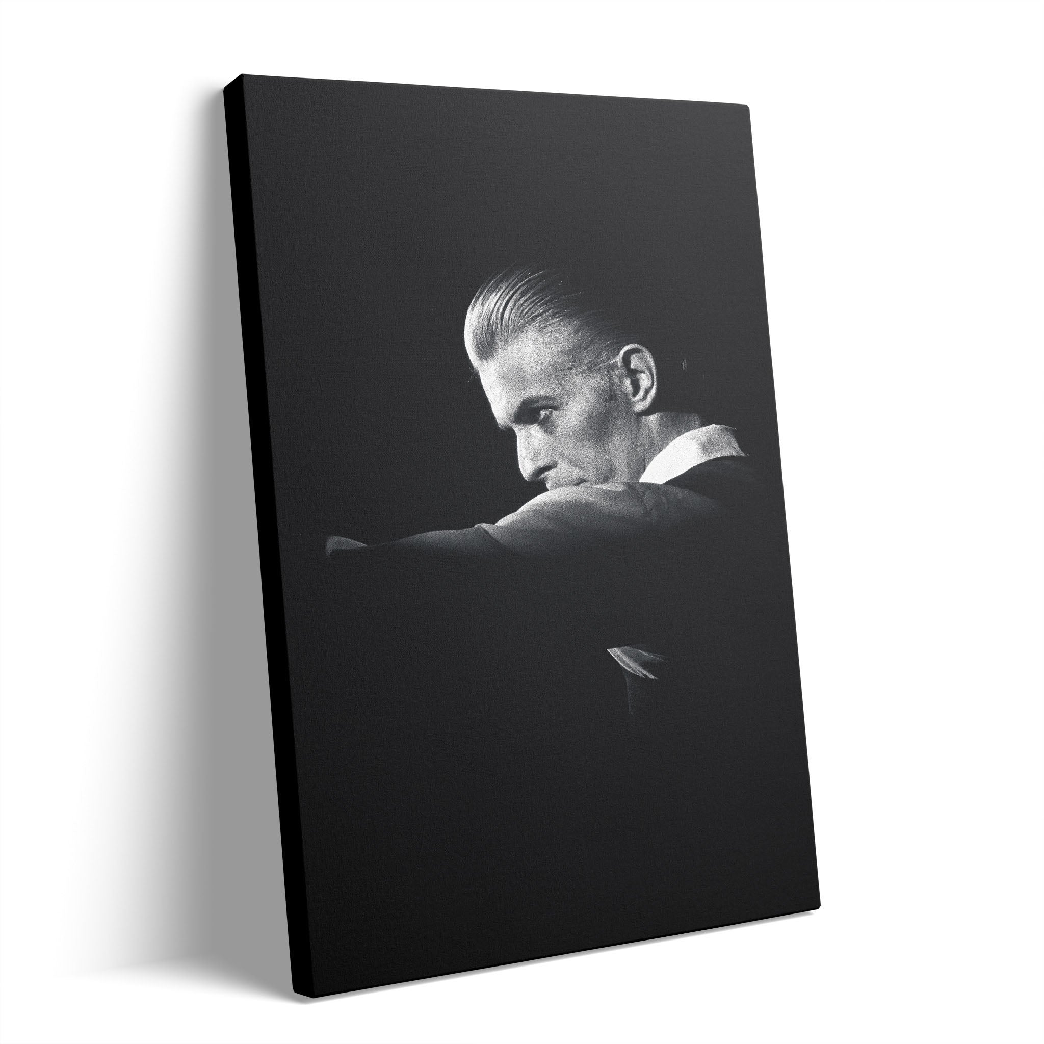 Premium gallery-wrapped black and white canvas print of David Bowie live at Rotterdam Ahoy in 1976.