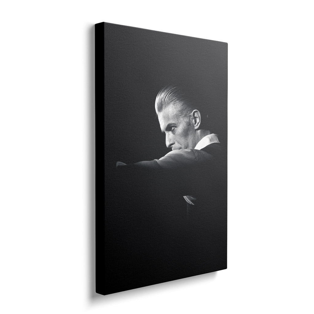 Front view of the heavy-weight black and white canvas wall art print of David Bowie in 1976.