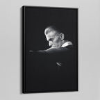 Side angle of the David Bowie 1976 black and white canvas in a luxury minimalist black floating frame.