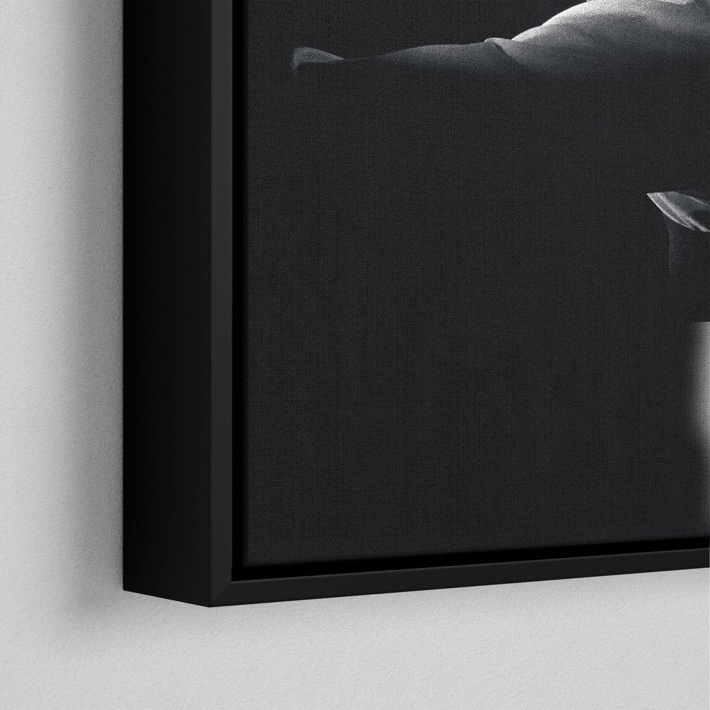 Corner macro of the elegant floating gap and fine finish of the black floating canvas frame.