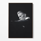 Front display of the David Bowie 1976 black and white canvas in a premium dark walnut floating frame.