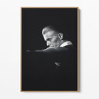 Front display of the David Bowie 1976 black and white canvas in a premium natural wood floating frame.