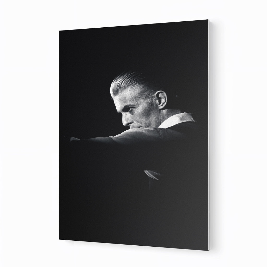 Premium black and white metal print of David Bowie live at Rotterdam Ahoy 1976 on an industrial-grade aluminum panel.