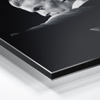 Macro close-up of the ultra-thin aluminum DIBOND panel edge of the David Bowie 1976 black and white metal print.