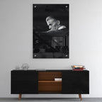 High-gloss acrylic glass black and white print of David Bowie displayed above a contemporary console.