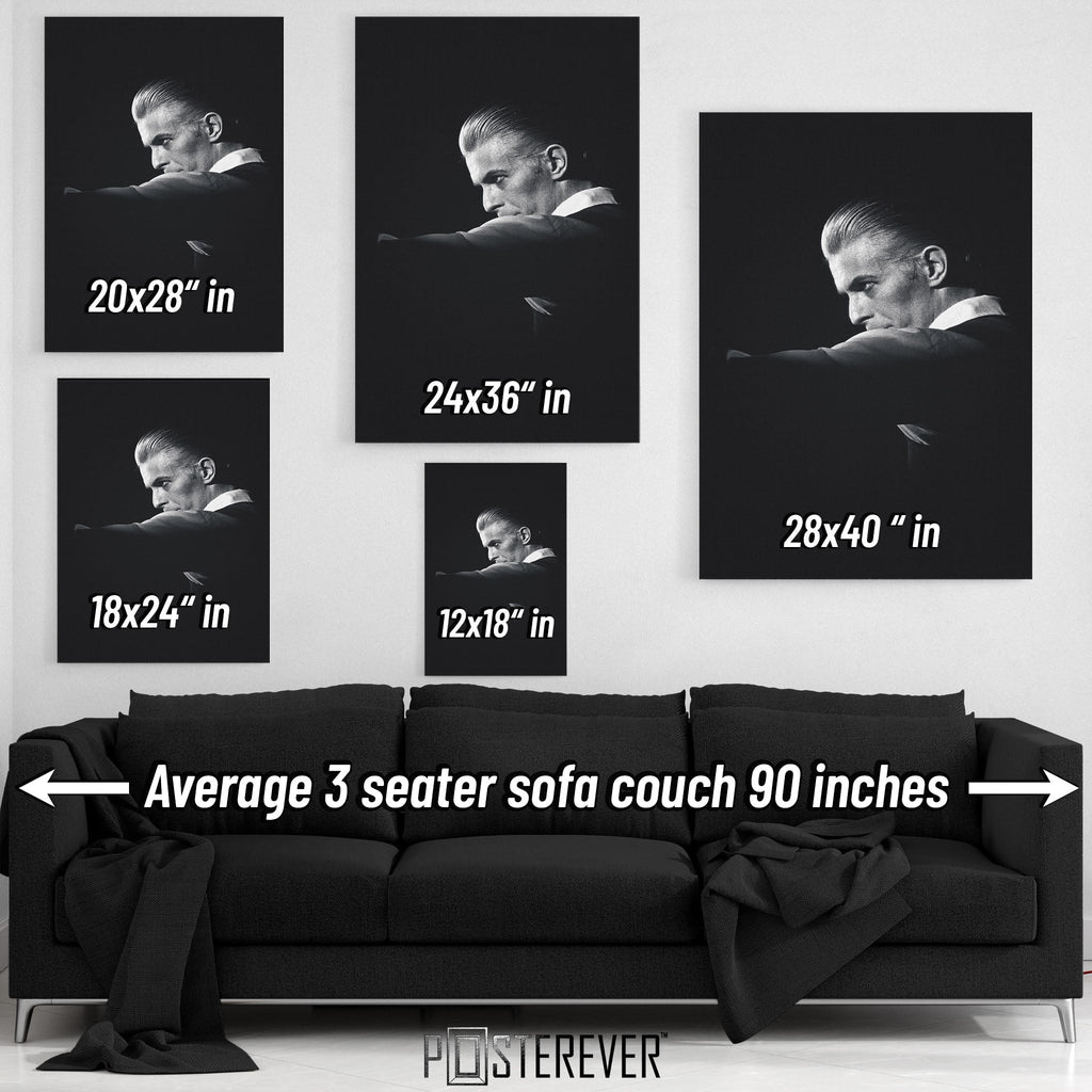 David Bowie 1976 Rotterdam black and white wall art size comparison chart shown above an average 90-inch three-seater sofa.