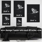 David Bowie 1976 Rotterdam black and white wall art size comparison chart shown above an average 90-inch three-seater sofa.