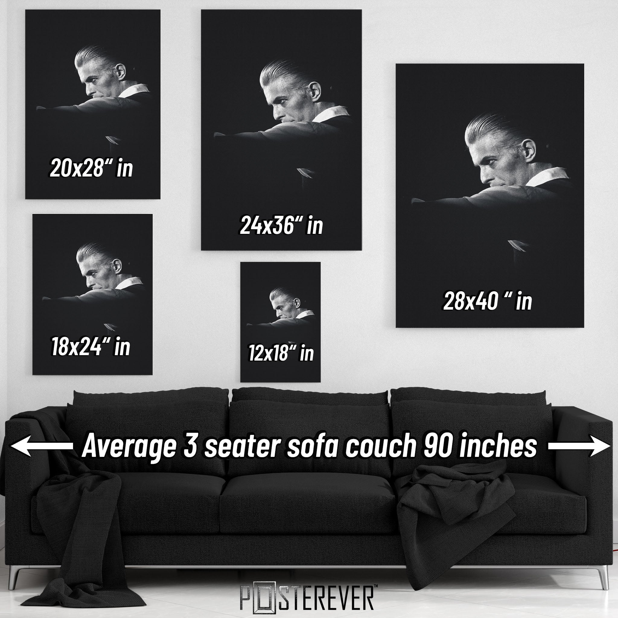 David Bowie 1976 Rotterdam black and white wall art size comparison chart shown above an average 90-inch three-seater sofa.