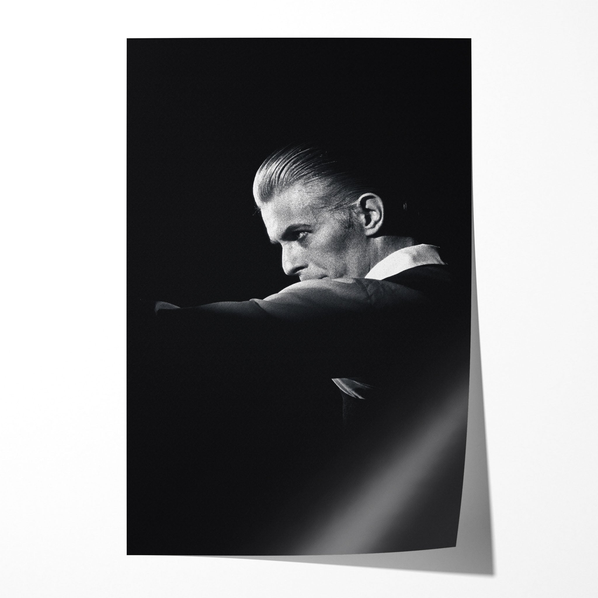 Unframed black and white David Bowie Station to Station 1976 Rotterdam Ahoy concert poster print of the Thin White Duke in profile.