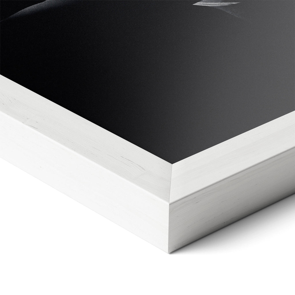 Corner close-up revealing the clean wood grain of the white framed David Bowie 1976 black and white art print.