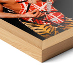 Corner close-up highlighting the natural oak finish of the framed Eddie Van Halen 1984 poster.