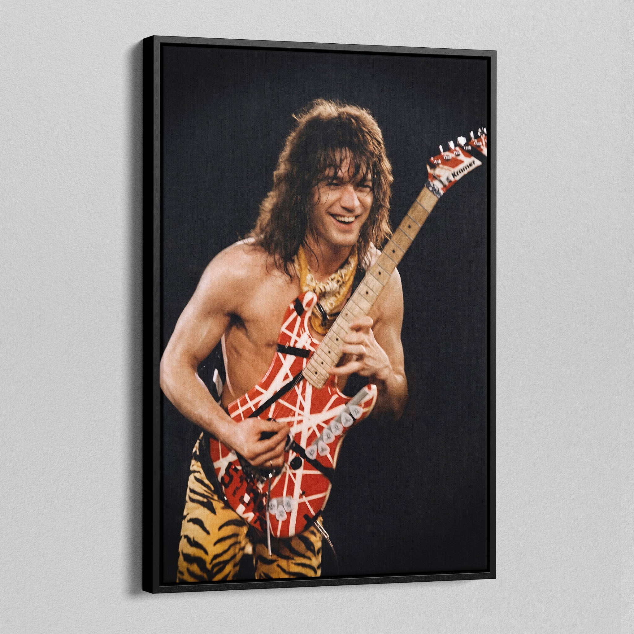 Side angle of the Eddie Van Halen 1984 canvas in a luxury minimalist black floating frame.