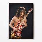 Front display of the Eddie Van Halen 1984 canvas in a premium dark walnut floating frame.