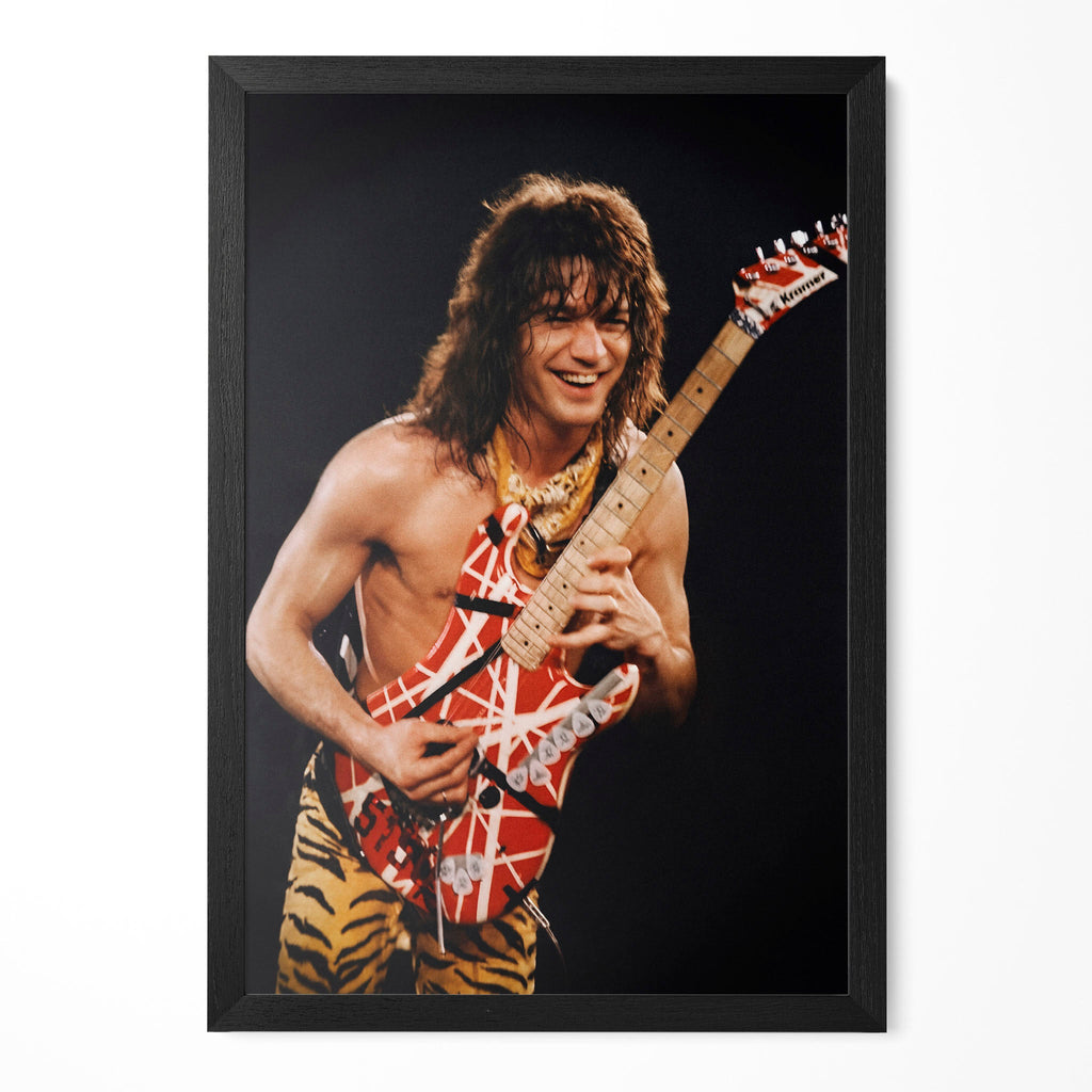 Eddie Van Halen 1984 Cow Palace color poster in a premium classic black wooden frame by POSTEREVER.