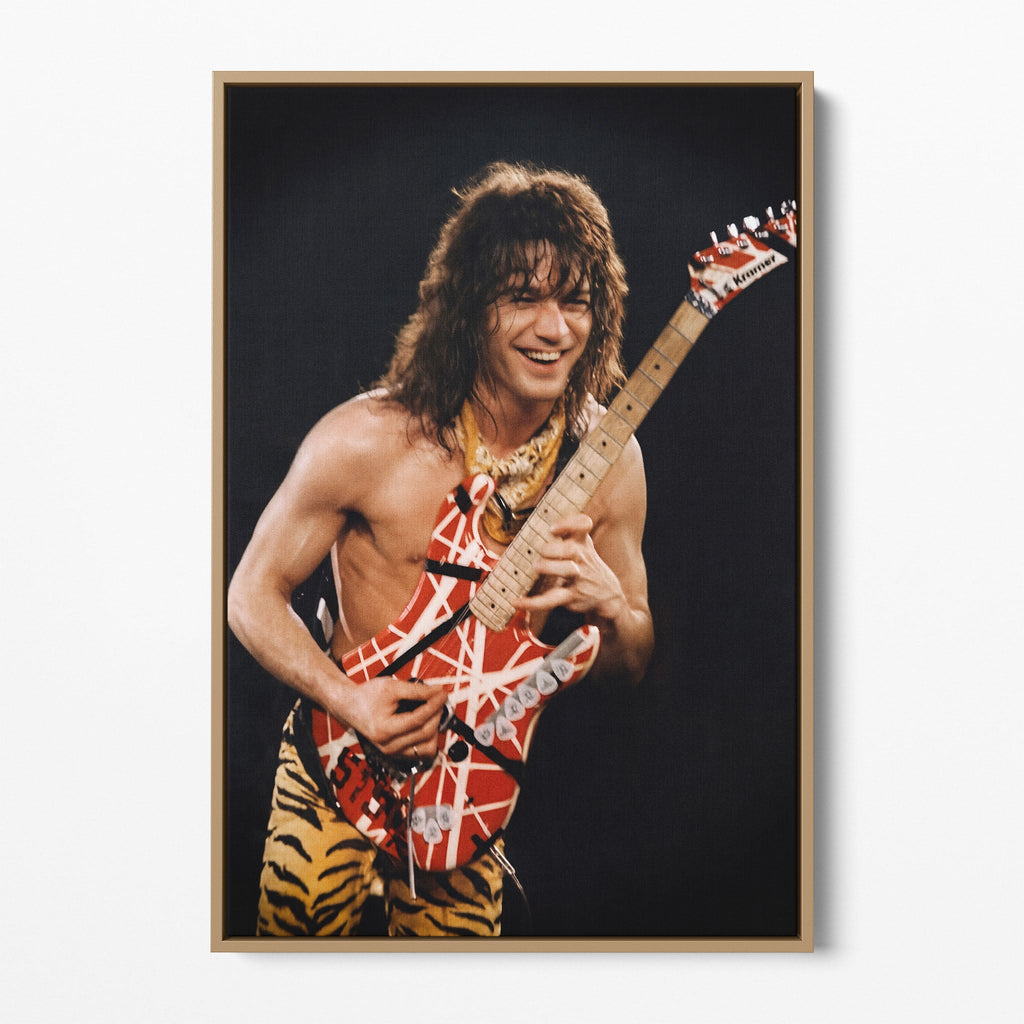Front display of the Eddie Van Halen 1984 canvas in a premium natural wood floating frame.