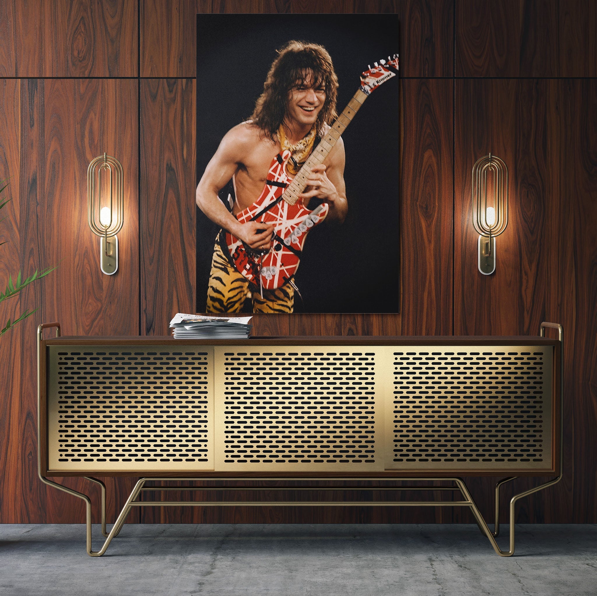 Sleek aluminum color metal print of Eddie Van Halen displayed over a mid-century modern credenza.