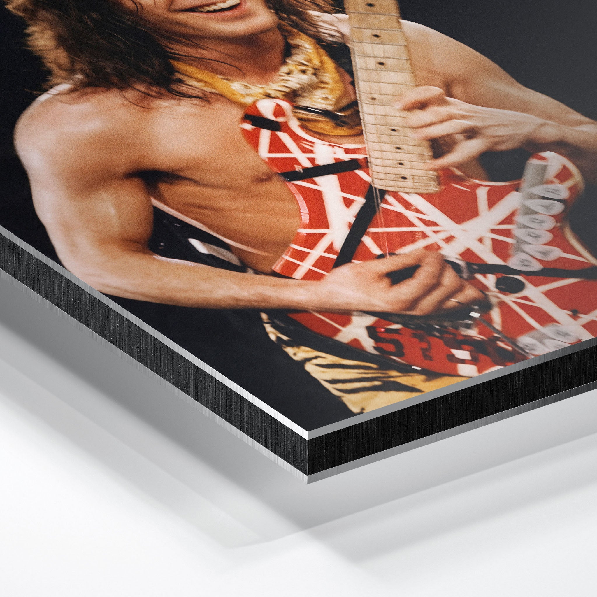 Macro close-up of the ultra-thin aluminum DIBOND panel edge of the Eddie Van Halen metal print.