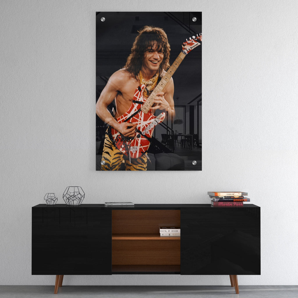 High-gloss acrylic glass color print of Eddie Van Halen displayed above a contemporary console.
