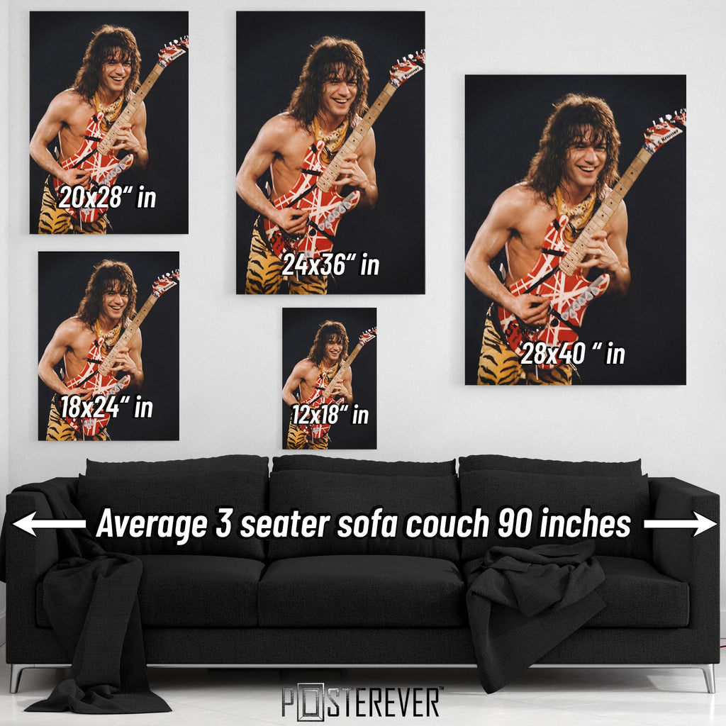 Eddie Van Halen 1984 Cow Palace wall art size comparison chart shown above an average 90-inch three-seater sofa.