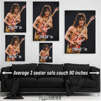 Eddie Van Halen 1984 Cow Palace wall art size comparison chart shown above an average 90-inch three-seater sofa.