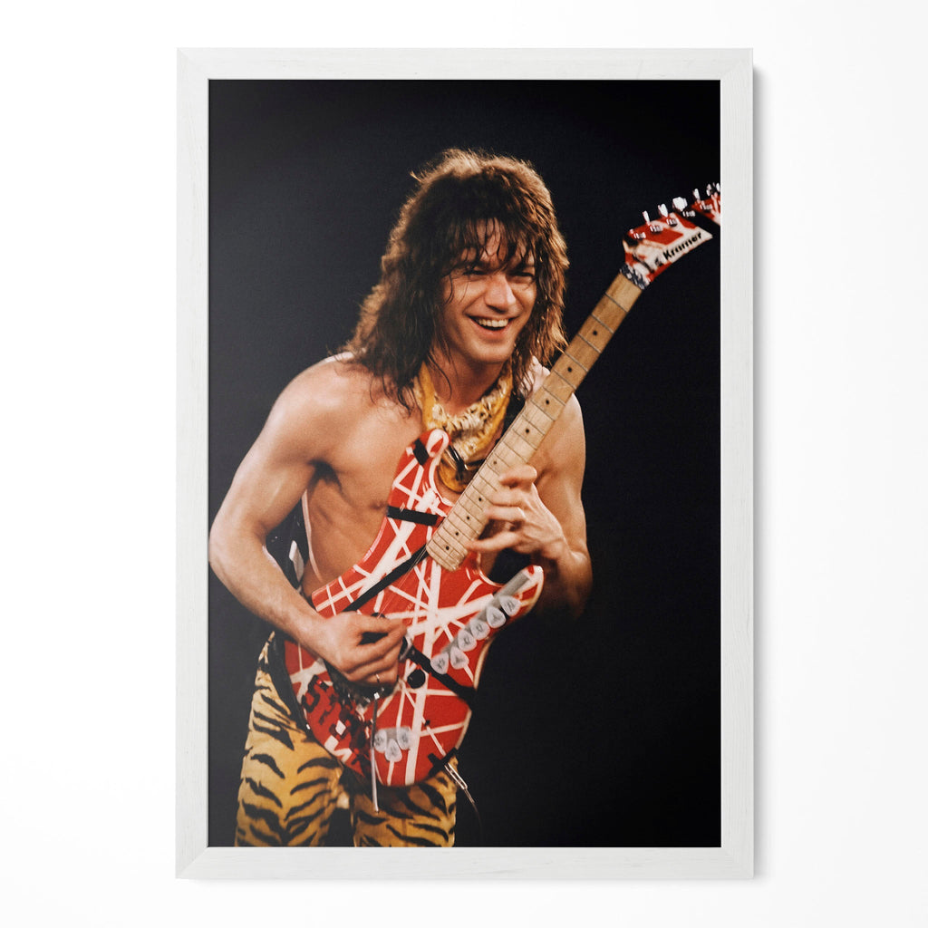 Eddie Van Halen 1984 Cow Palace color poster in a modern minimalist white wooden frame by POSTEREVER.