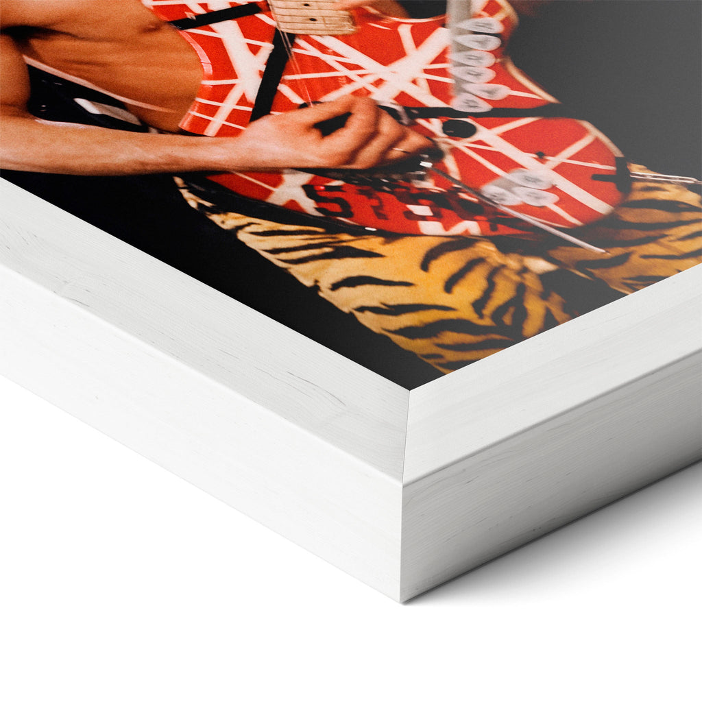 Corner close-up revealing the clean wood grain of the white framed Eddie Van Halen 1984 art print.
