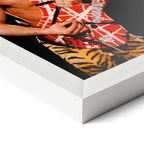 Corner close-up revealing the clean wood grain of the white framed Eddie Van Halen 1984 art print.