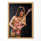 Eddie Van Halen 1984 live color guitar poster in a premium natural oak wood frame by POSTEREVER.