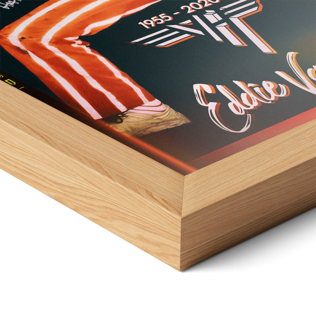 Corner close-up highlighting the natural oak finish of the framed Eddie Van Halen 1982 color poster.