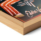 Corner close-up highlighting the natural oak finish of the framed Eddie Van Halen 1982 color poster.