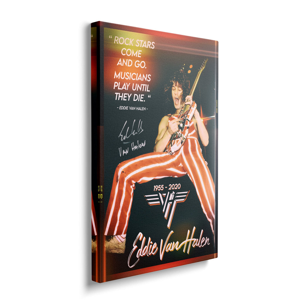 Front view of the heavy-weight color canvas wall art print of Eddie Van Halen in 1982.