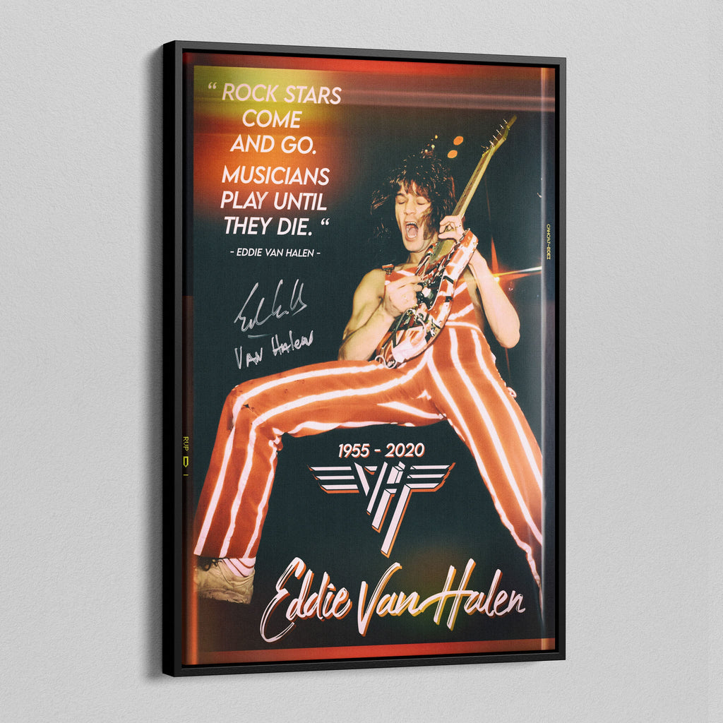 Side angle of the Eddie Van Halen 1982 color canvas in a luxury minimalist black floating frame.